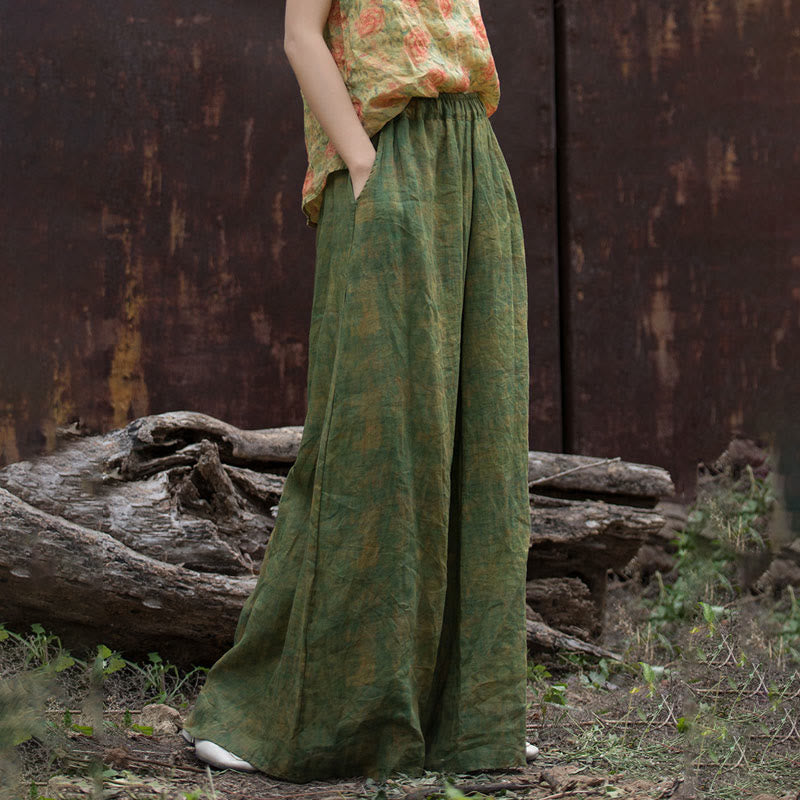 Buddha Stones Green Yellow Ramie Linen Flexible Waistband Wide Leg Pants With Pockets