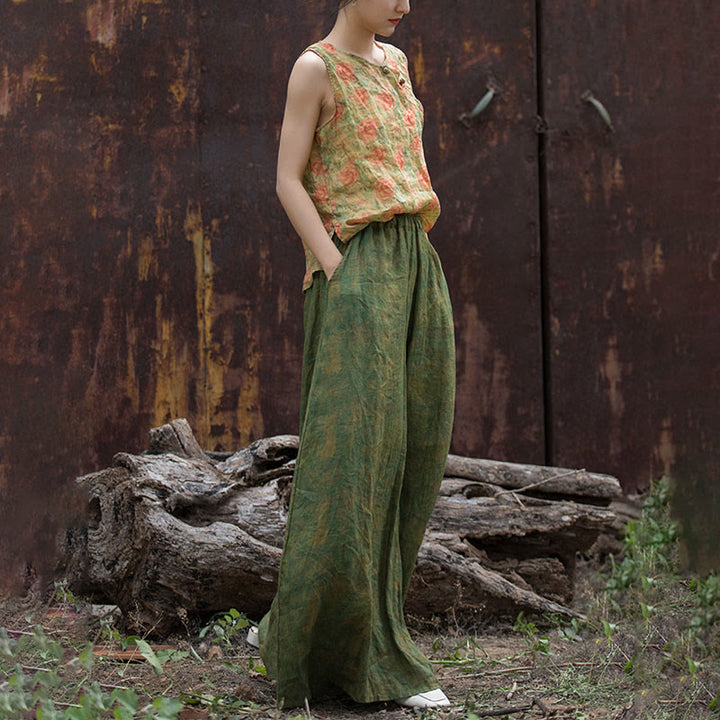 Buddha Stones Green Yellow Ramie Linen Flexible Waistband Wide Leg Pants With Pockets