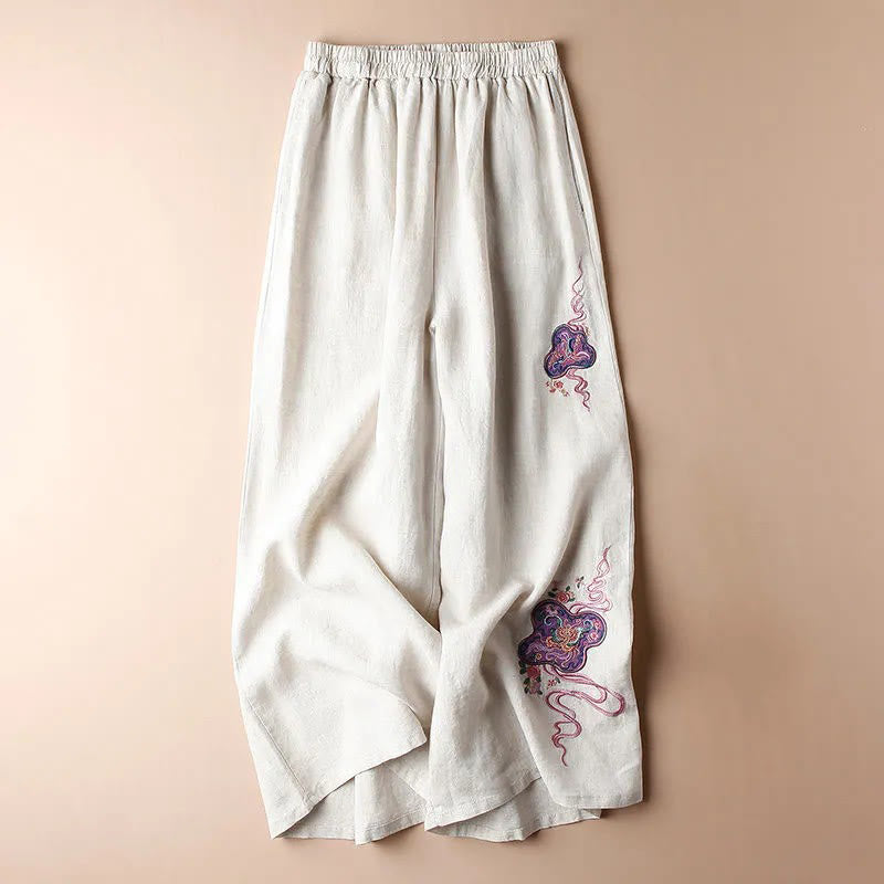 Buddha Stones Women Casual Loose Cotton Linen Embroidery Wide Leg Pants With Pockets