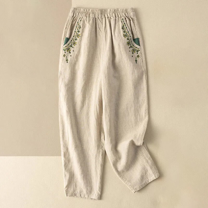 Buddha Stones Vintage Embroidery Elastic Waist Capri Harem Pants With Pockets - Apricot - US14，UK/AU18，EU46 (4XL) - image 12