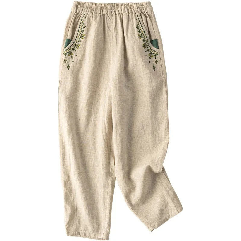 Buddha Stones Vintage Embroidery Elastic Waist Capri Harem Pants With Pockets - image 16