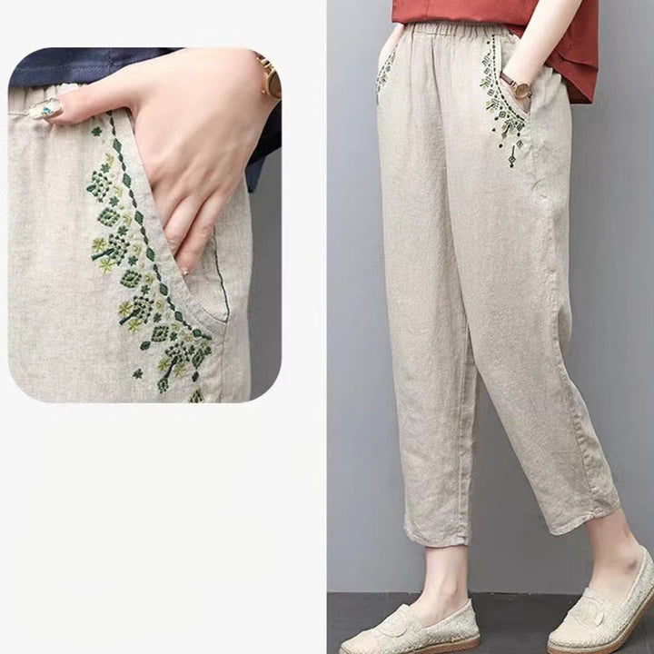 Buddha Stones Vintage Embroidery Elastic Waist Capri Harem Pants With Pockets - image 21