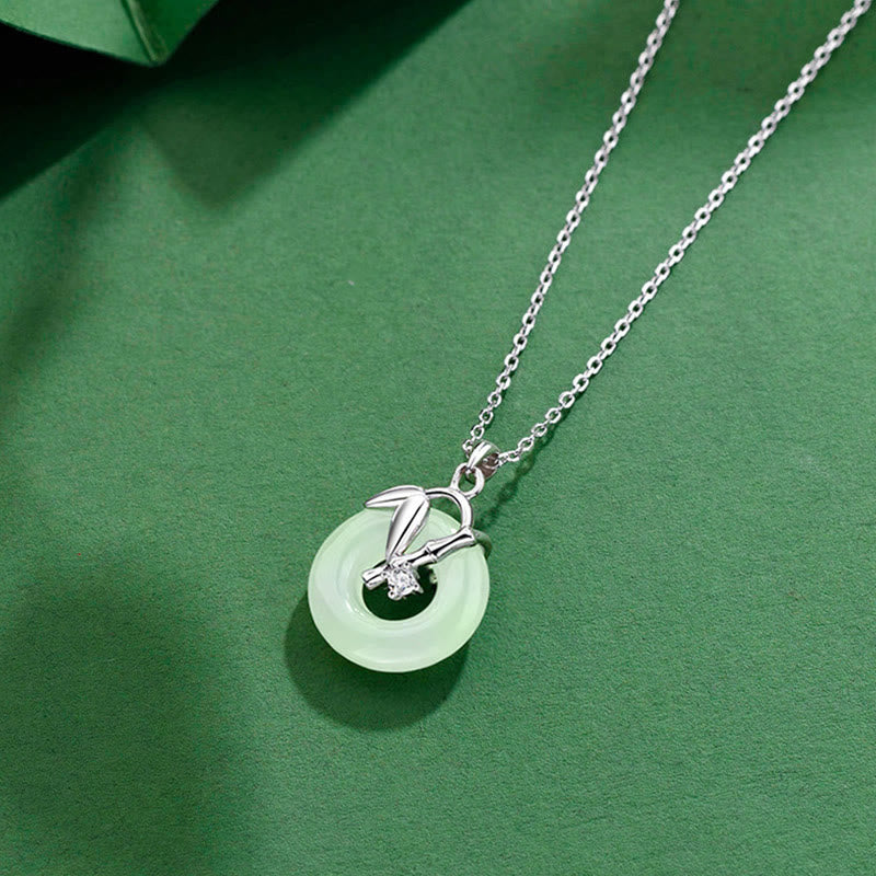 Buddha Stones 925 Sterling Silver Hetian Jade Bamboo Leaf Peace Buckle Prosperity Necklace Pendant - image 2