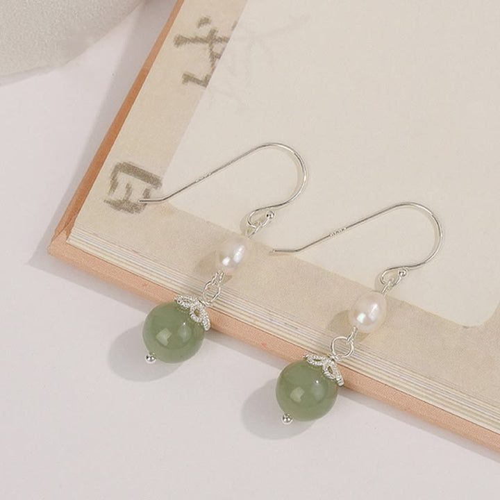 Buddha Stones 925 Sterling Silver Natural Pearl Jade Wisdom Earrings - Silver Pearl Jade Earrings - image 0
