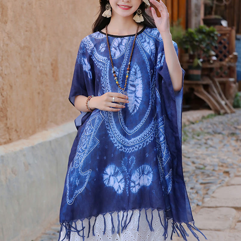 Buddha Stones Blue Geometry Batik Shawl Tassels Cozy Travel Pullover 90*95cm - image 8