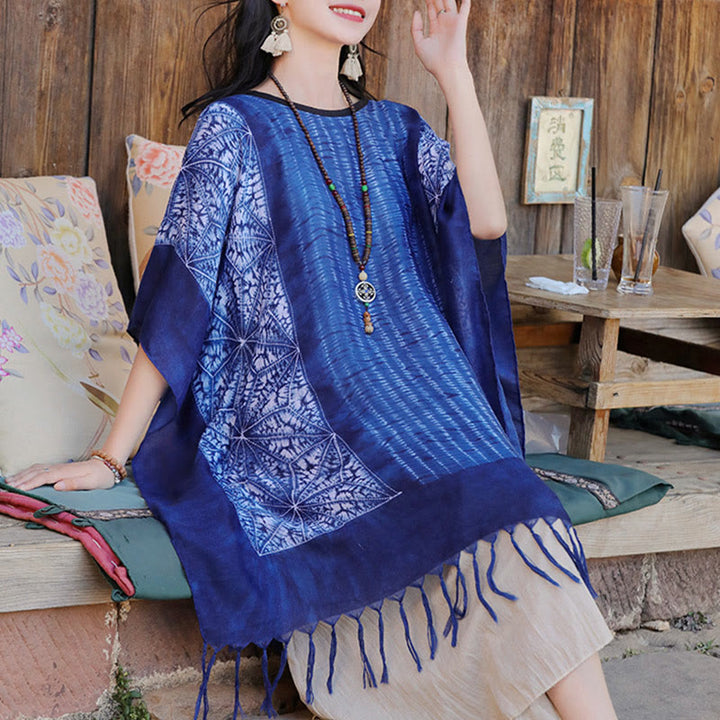Buddha Stones Blue Geometric Stripes Batik Shawl Tassels Cozy Travel Pullover 90*95cm - image 8