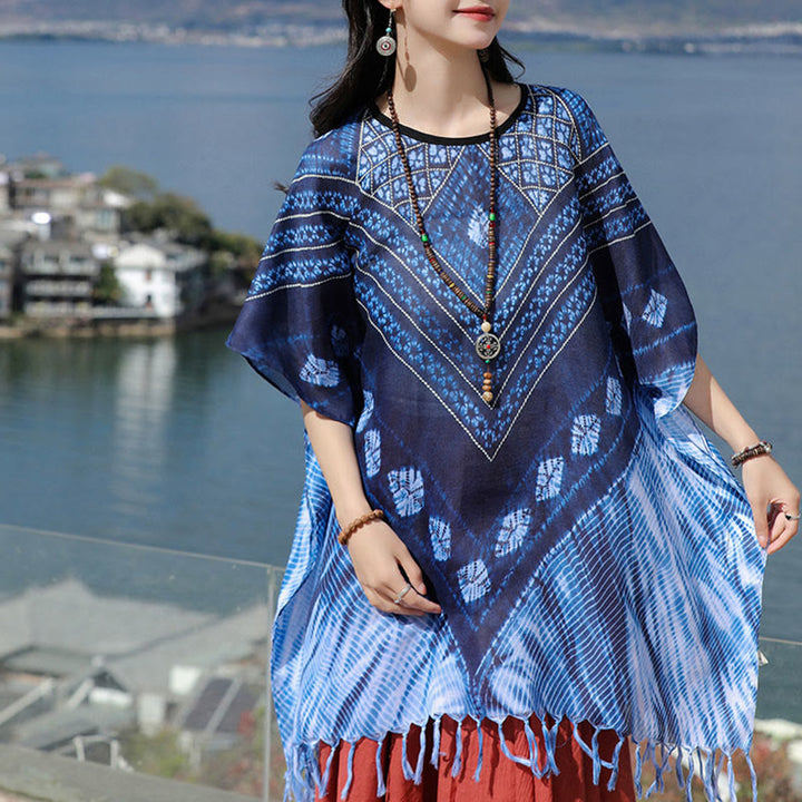 Buddha Stones Blue Triangle Stripes Batik Shawl Soft Pullover 90*95cm - image 7