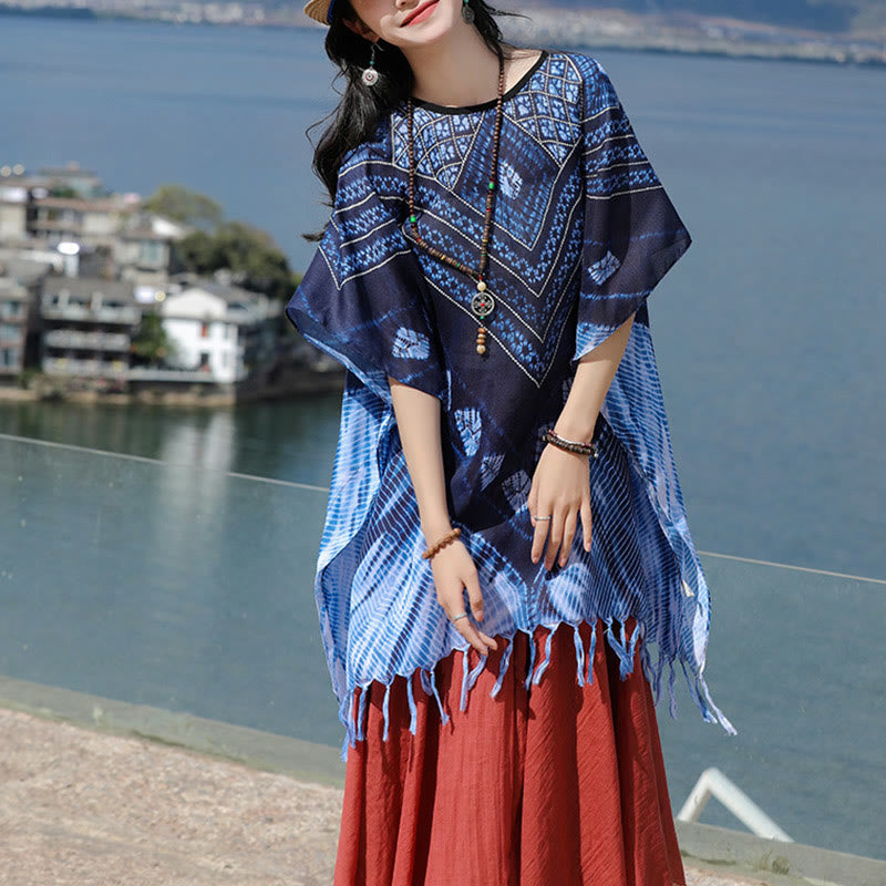 Buddha Stones Blue Triangle Stripes Batik Shawl Soft Pullover 90*95cm - image 6