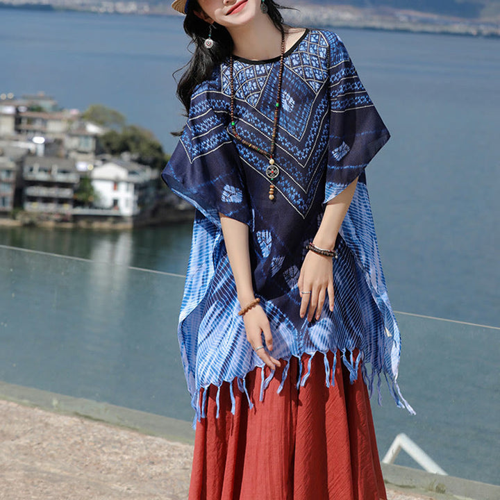 Buddha Stones Blue Triangle Stripes Batik Shawl Soft Pullover 90*95cm - image 6