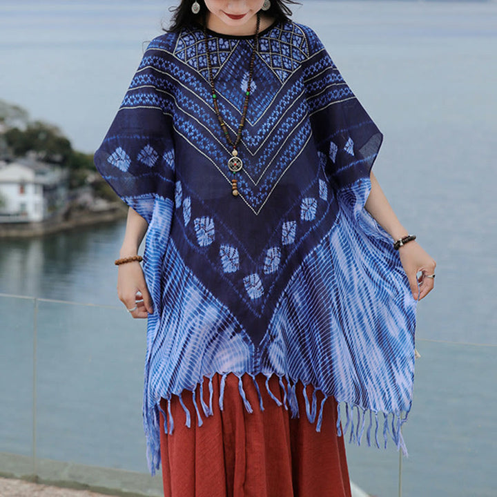 Buddha Stones Blue Triangle Stripes Batik Shawl Soft Pullover 90*95cm - Blue 90*95cm - image 0