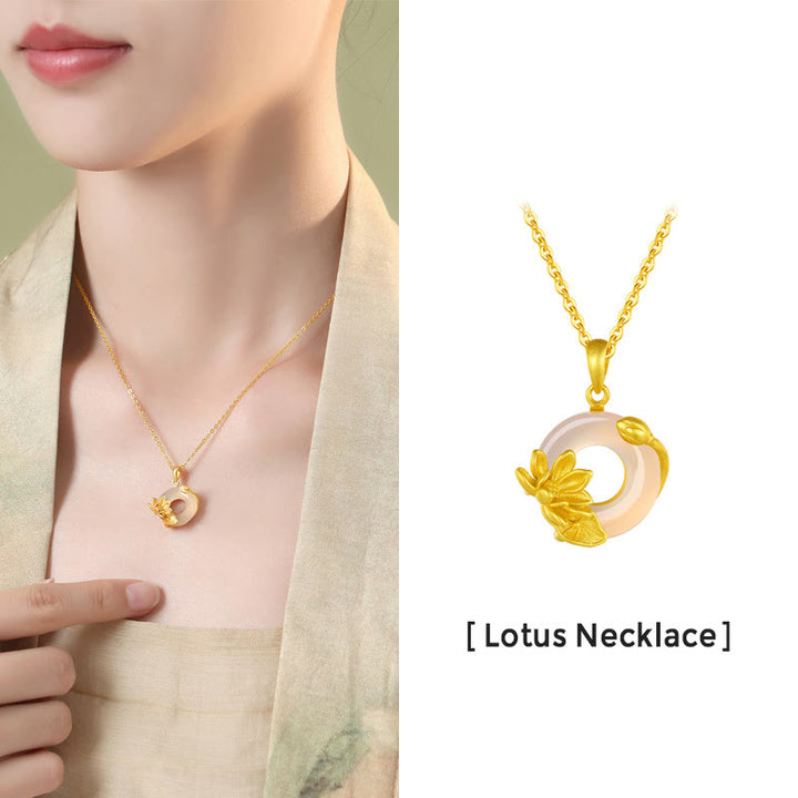 Buddha Stones Natural White Chalcedony Peace Buckle Lotus Pendant S925 Sterling Silver Necklace - image 5