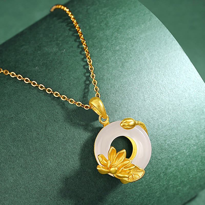 Buddha Stones Natural White Chalcedony Peace Buckle Lotus Pendant S925 Sterling Silver Necklace - image 1