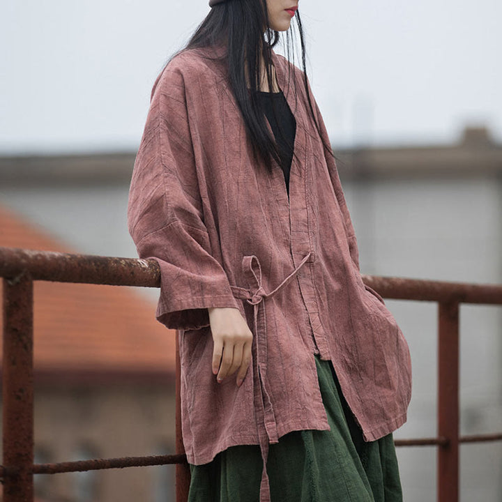 Buddha Stones Tie Dye Lace-up Design Coat Zen Meditation Open Front Top Jacket - Red-US4-14，UK/AU8-18，EU36-46 (F)-(Top Only) - image 11