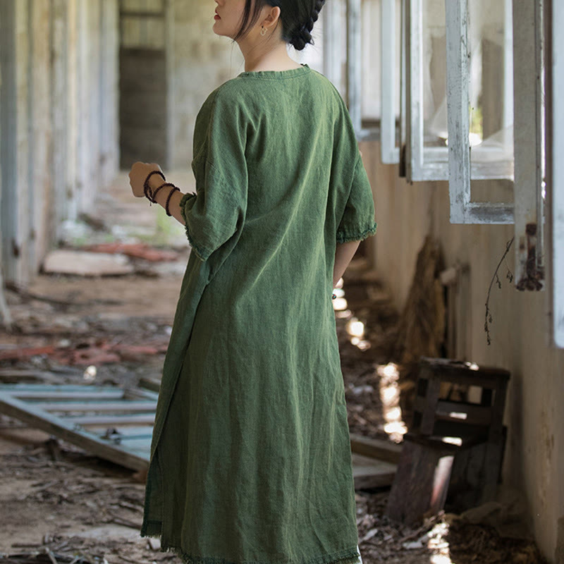 Buddha Stones Mid Length Dress Ramie Linen Half Sleeve Split Hem Top T-Shirt - image 4