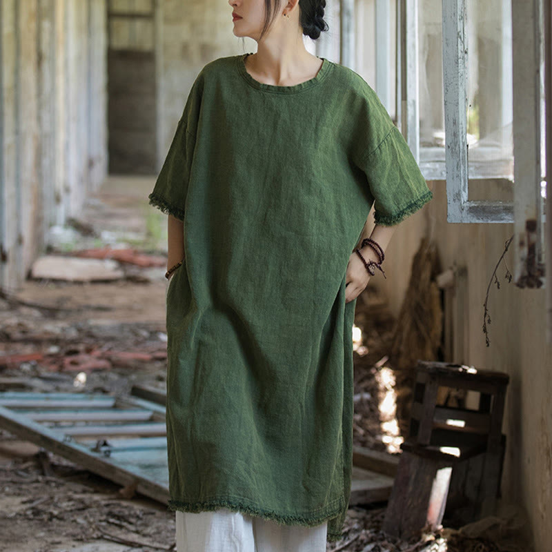 Buddha Stones Mid Length Dress Ramie Linen Half Sleeve Split Hem Top T-Shirt - image 1