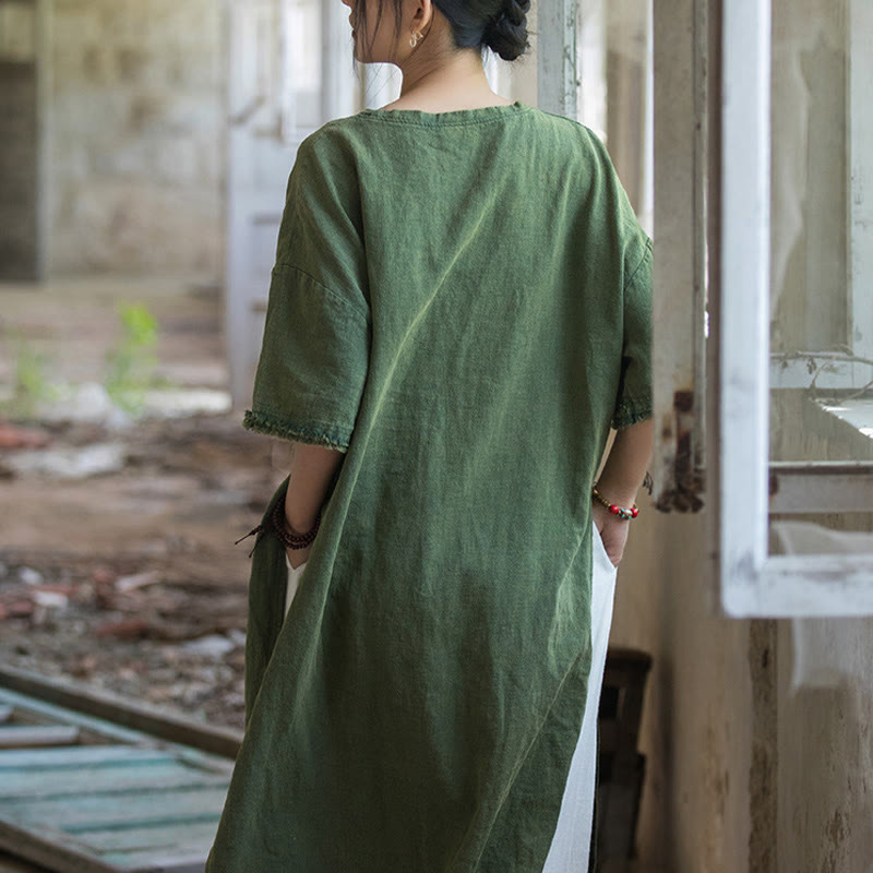 Buddha Stones Mid Length Dress Ramie Linen Half Sleeve Split Hem Top T-Shirt - image 11