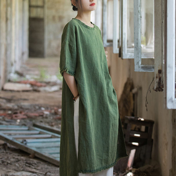 Buddha Stones Mid Length Dress Ramie Linen Half Sleeve Split Hem Top T-Shirt - image 10