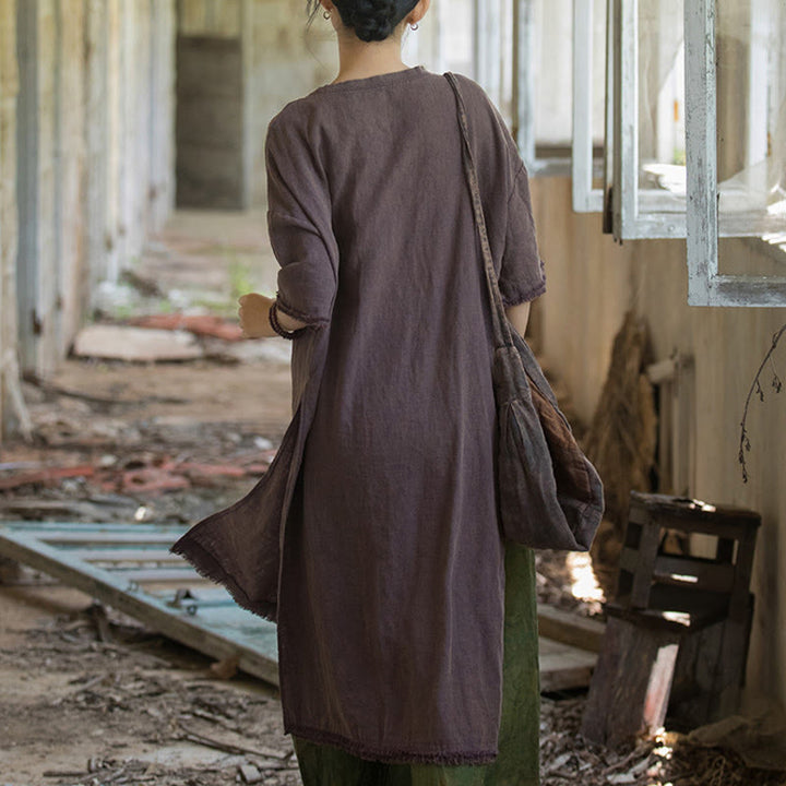 Buddha Stones Mid Length Dress Ramie Linen Half Sleeve Split Hem Top T-Shirt - image 18