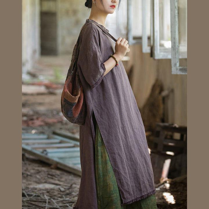 Buddha Stones Mid Length Dress Ramie Linen Half Sleeve Split Hem Top T-Shirt - image 24