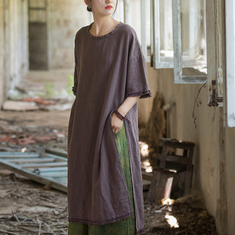 Buddha Stones Mid Length Dress Ramie Linen Half Sleeve Split Hem Top T-Shirt - image 16