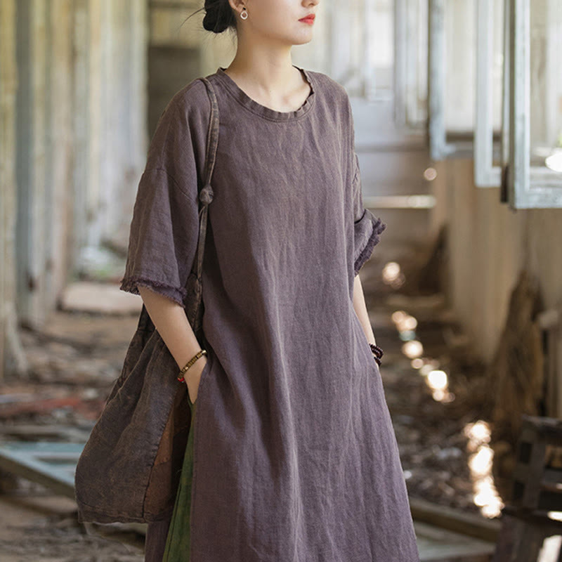 Buddha Stones Mid Length Dress Ramie Linen Half Sleeve Split Hem Top T-Shirt - image 26