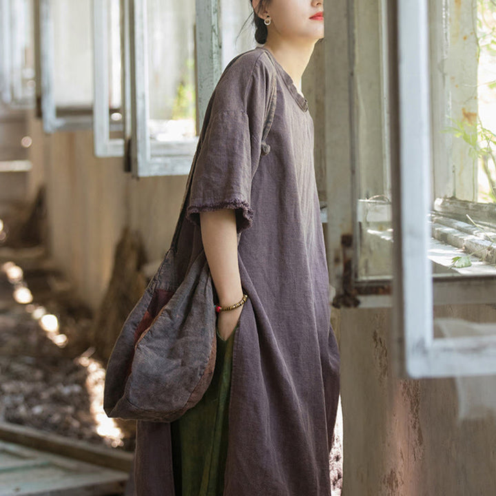 Buddha Stones Mid Length Dress Ramie Linen Half Sleeve Split Hem Top T-Shirt - image 27