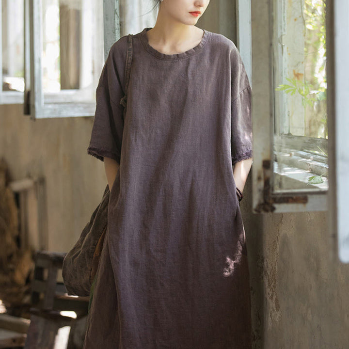 Buddha Stones Mid Length Dress Ramie Linen Half Sleeve Split Hem Top T-Shirt - image 20