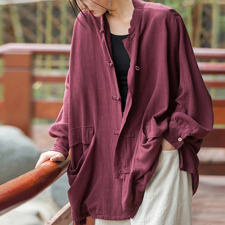 Buddha Stones Frog-Button Long Sleeve Zen Meditation Open Front Jacket With Pockets - image 1