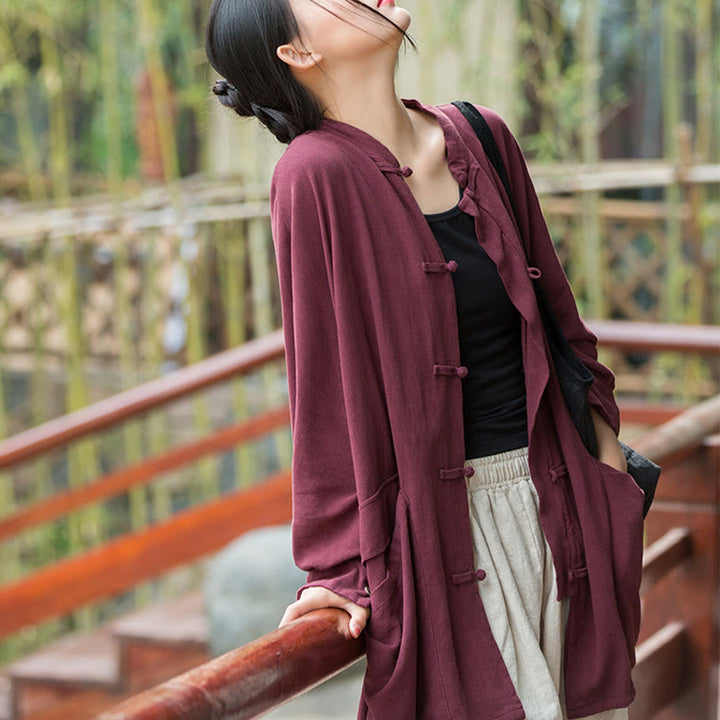 Buddha Stones Frog-Button Long Sleeve Zen Meditation Open Front Jacket With Pockets - image 2