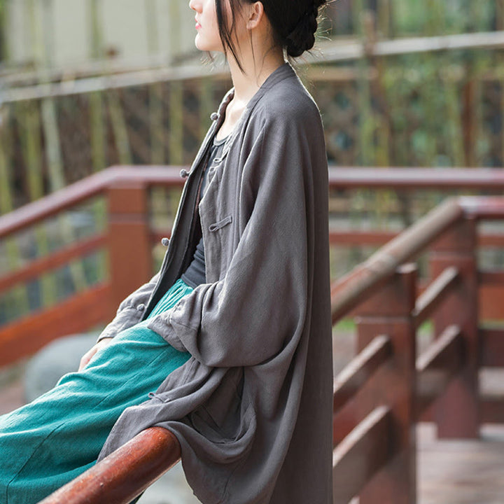 Buddha Stones Frog-Button Long Sleeve Zen Meditation Open Front Jacket With Pockets