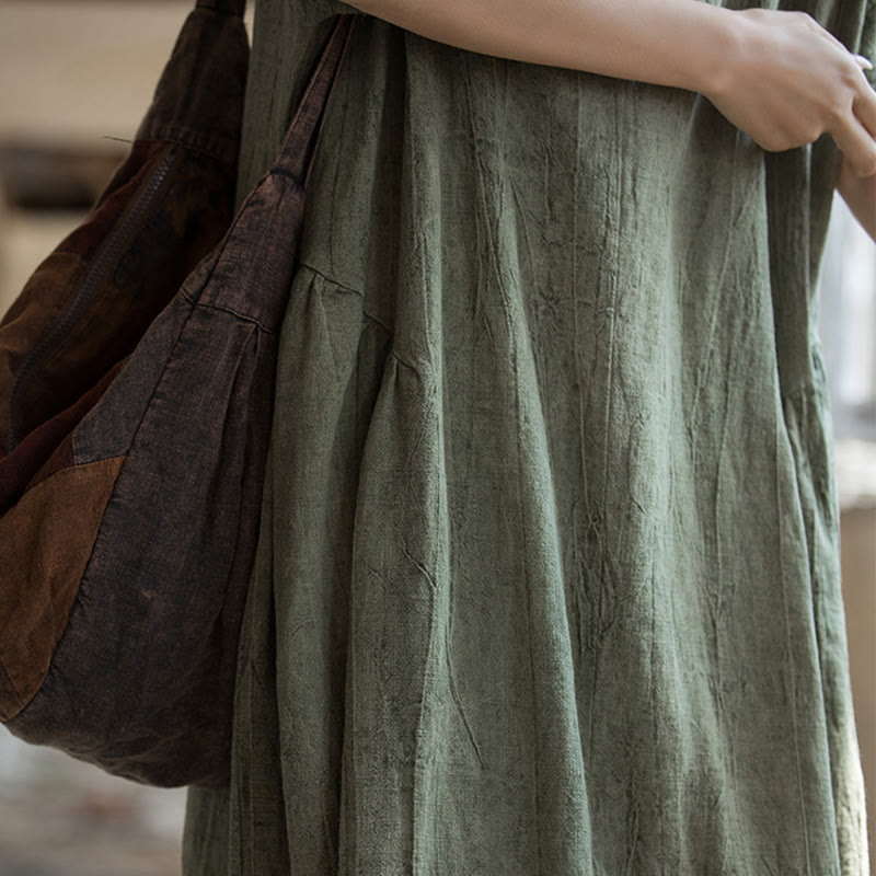 Buddha Stones Handmade Tie Dye V-Neck Midi Dress Linen Short Sleeve Dress - image 6