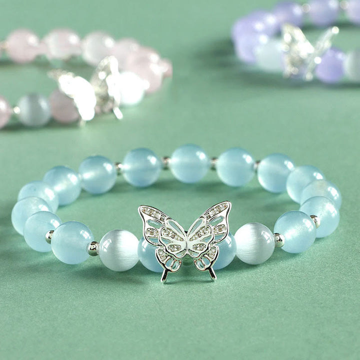 Buddha Stones Blue Chalcedony Pink Crystal Purple Chalcedony Butterfly Energy Bracelet - Blue Chalcedony(Wrist Circumference 14-16cm) - image 0