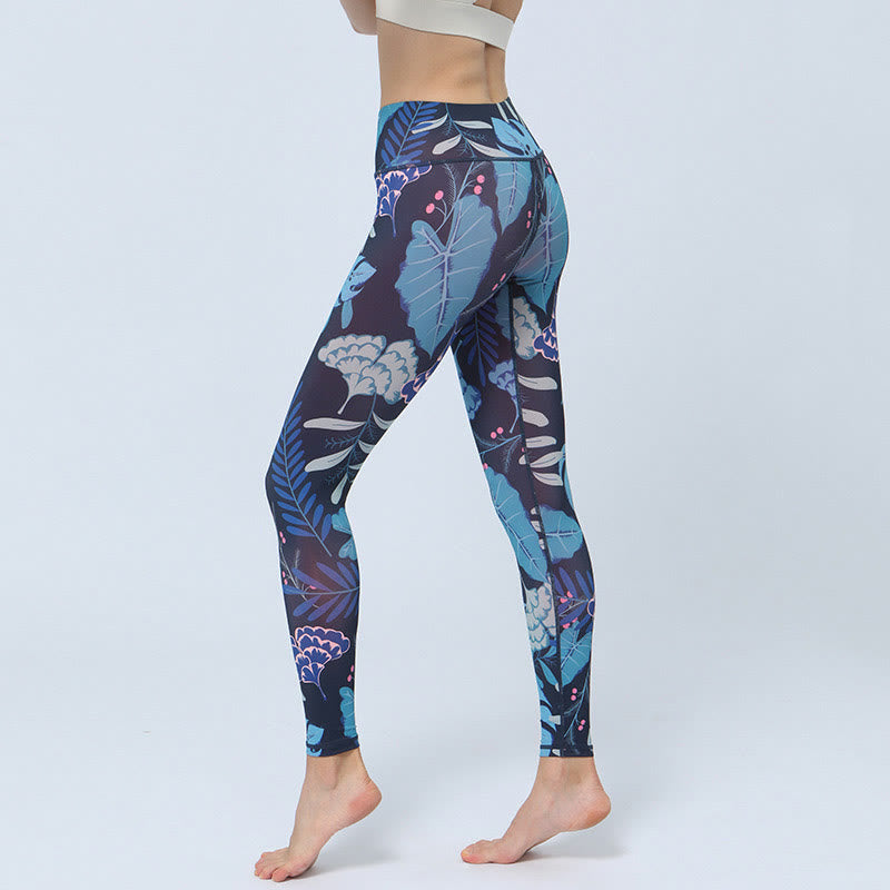 Buddha Stones Leaves Pattern Sports Fitness Yoga High Waist Leggings Women's Yoga Pants - Dark Blue Leaves - US8-10，UK/AU12-14，EU40-42 (XL) - image 10