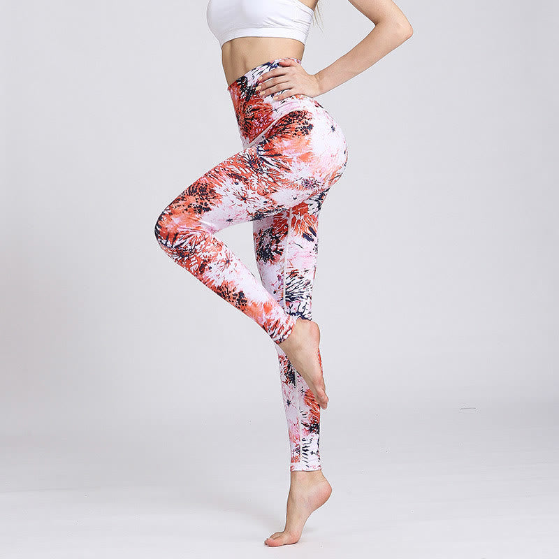 Buddha Stones Red Pink Flowers Pattern Sports Fitness Yoga High Waist Leggings Women's Yoga Pants - XL(Waist 67cm/Hips 87cm/Length 94.5cm) - image 0