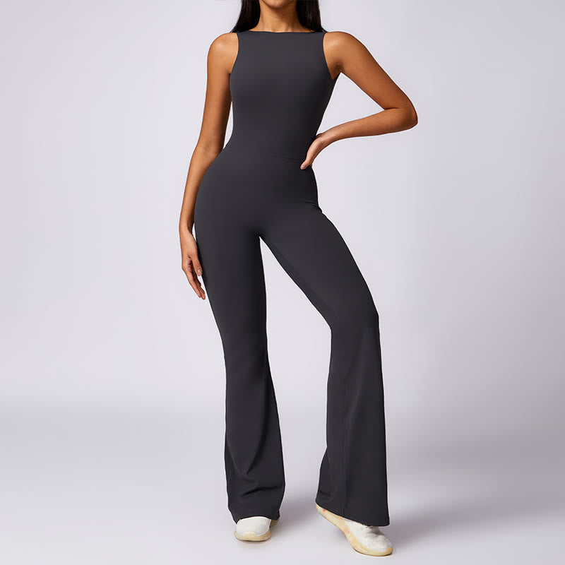 Buddha Stones Women Casual Sleeveless Jumpsuit Flare Pants Sports Fitness Yoga Bodysuit - Gray - US8-10，UK/AU12-14，EU40-42 (XL) - image 14