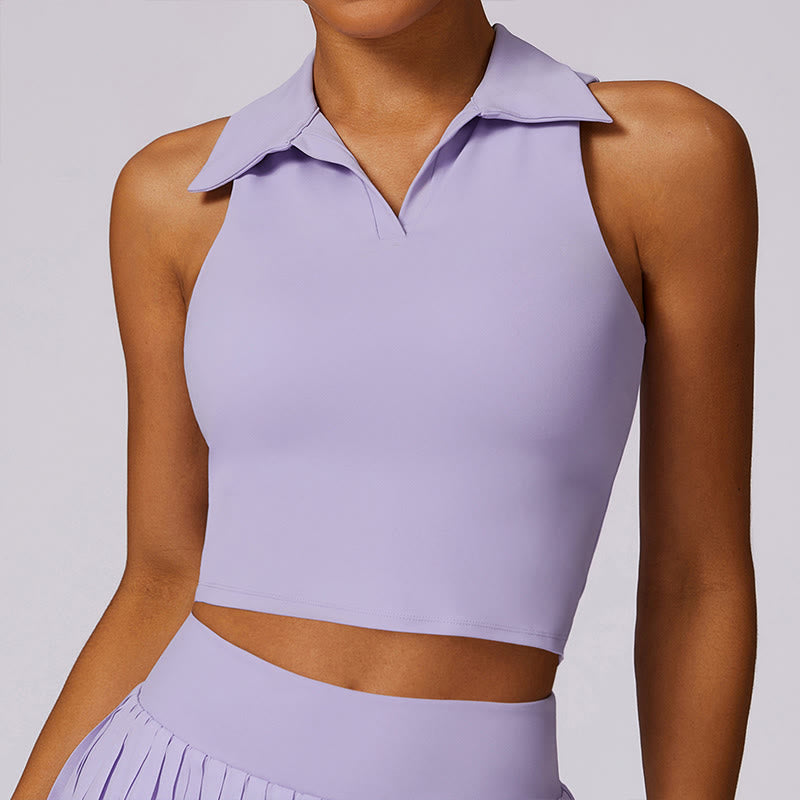Buddha Stones Polo Collar Crop Tank Top Tennis Skirts Pleated Shorts With Pocket Sports Yoga Outfits - Purple - Top - US8-10，UK/AU12-14，EU40-42 (XL) - image 0