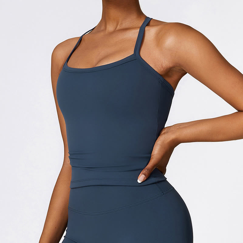 Buddha Stones Solid Color Crop Tank Top High Waist Shorts Sports Fitness Gym Yoga Outfits - image 1