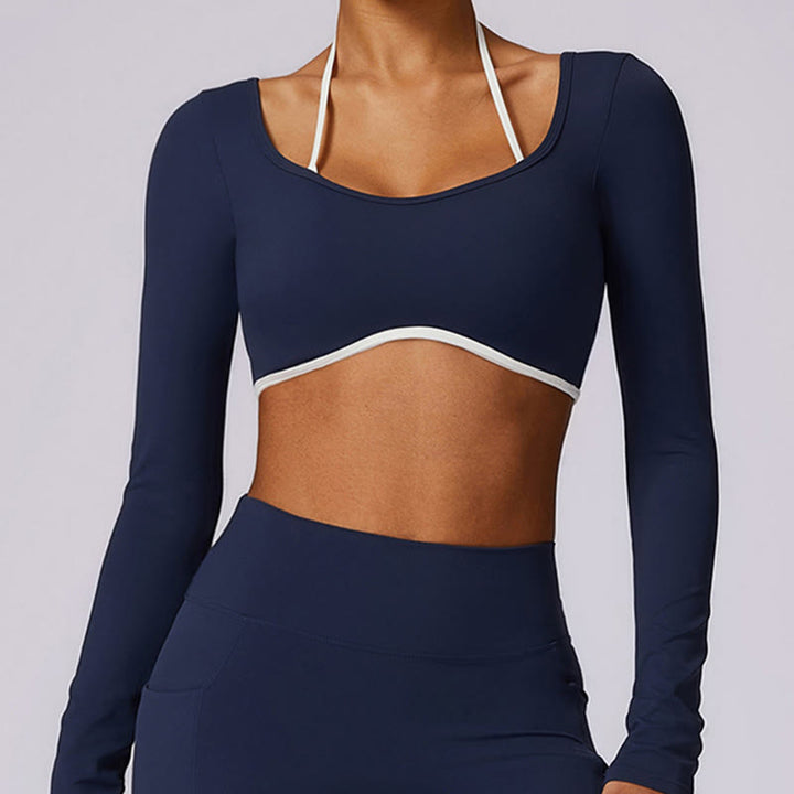 Buddha Stones Solid Color Halter Neck Bra Long Sleeve Crop Tank Top Pants Sports Fitness Gym Yoga Outfits