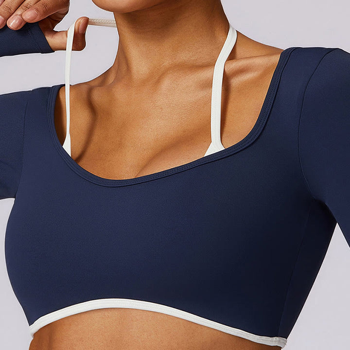 Buddha Stones Solid Color Halter Neck Bra Long Sleeve Crop Tank Top Pants Sports Fitness Gym Yoga Outfits - image 9