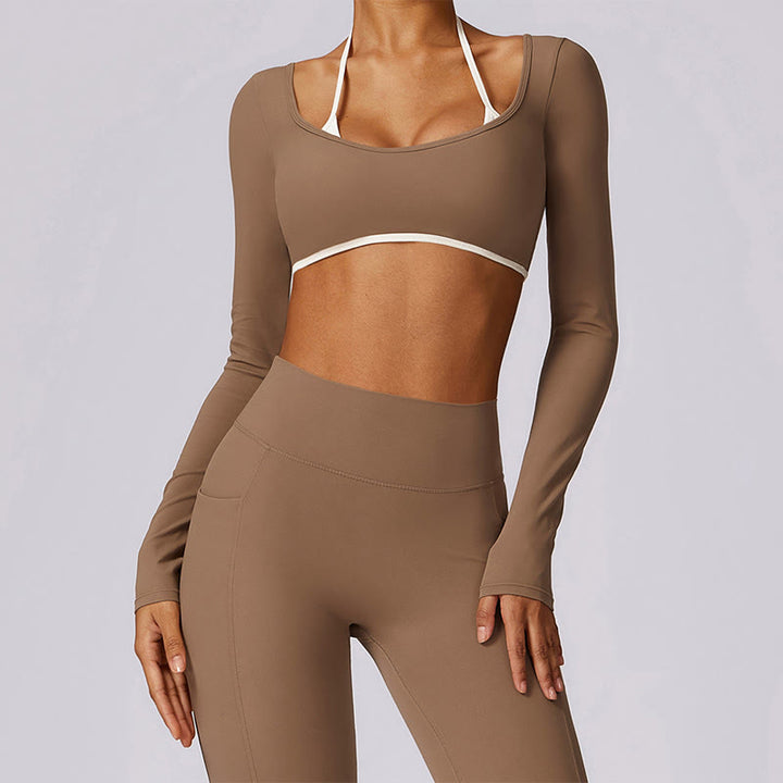 Buddha Stones Solid Color Halter Neck Bra Long Sleeve Crop Tank Top Pants Sports Fitness Gym Yoga Outfits - Brown - Long Sleeve Crop Top(Top Only) - US6，UK/AU10，EU38 (XL) - image 42