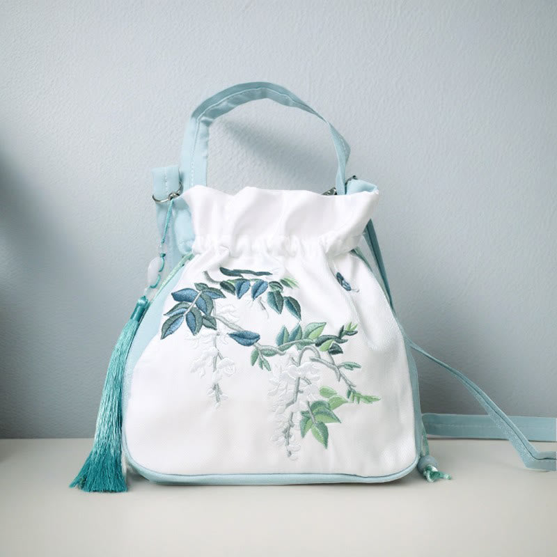 Buddha Stones Embroidered Flowers Wisteria Lily Cotton Linen Tote Crossbody Bag Shoulder Bag Handbag - Light Green White Wisteria 20*20*7cm - image 0