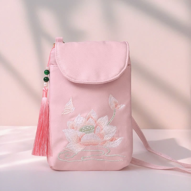 Buddha Stones Small Embroidered Flowers Crossbody Bag Shoulder Bag Double Layer Cellphone Bag - Pink Water Lily 13.5*19.5*2.5cm - image 0
