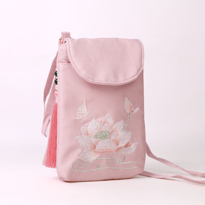 Buddha Stones Small Embroidered Flowers Crossbody Bag Shoulder Bag Double Layer Cellphone Bag - image 1