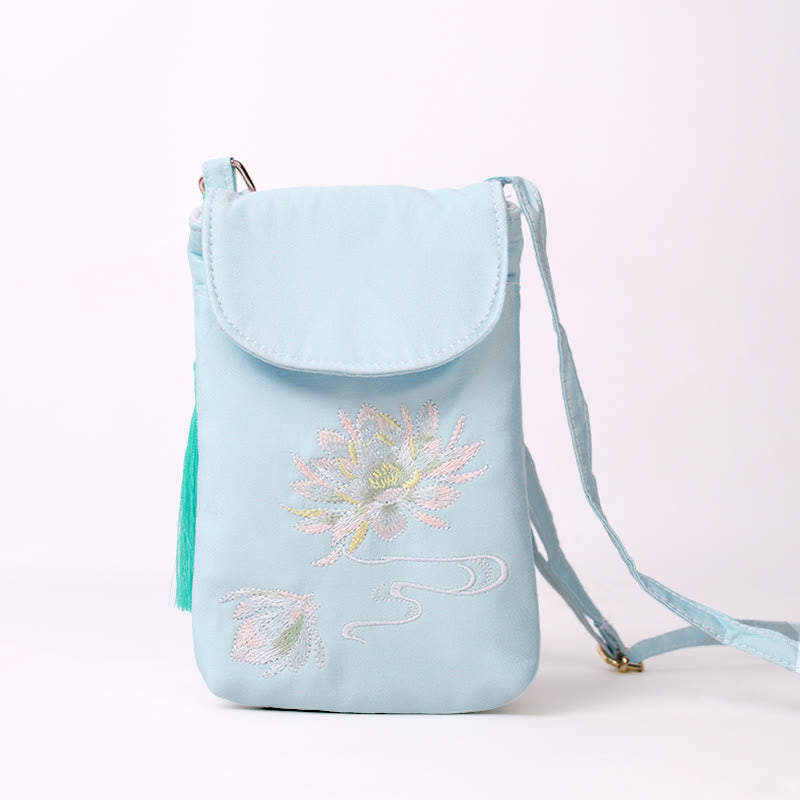 Buddha Stones Small Embroidered Flowers Crossbody Bag Shoulder Bag Double Layer Cellphone Bag - Light Green Lotus 13.5*19.5*2.5cm - image 9
