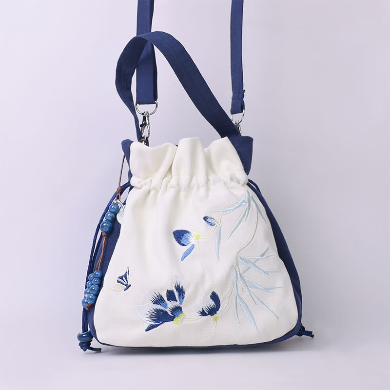 Buddha Stones Embroidered Butterfly Lotus Magnolia Cotton Linen Tote Crossbody Bag Shoulder Bag Handbag - image 5