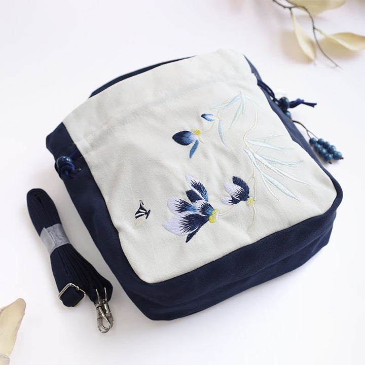 Buddha Stones Embroidered Butterfly Lotus Magnolia Cotton Linen Tote Crossbody Bag Shoulder Bag Handbag - image 3