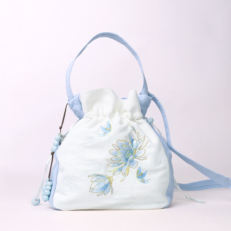 Buddha Stones Embroidered Butterfly Lotus Magnolia Cotton Linen Tote Crossbody Bag Shoulder Bag Handbag - Light Blue Butterfly Lotus 20*20*7cm - image 6