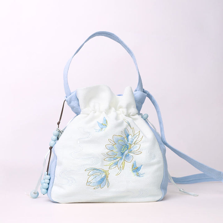 Buddha Stones Embroidered Butterfly Lotus Magnolia Cotton Linen Tote Crossbody Bag Shoulder Bag Handbag - Light Blue Butterfly Lotus 20*20*7cm - image 6