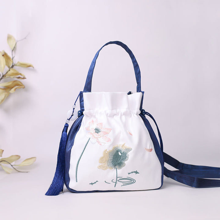 Buddha Stones Embroidered Lotus Koi Fish Crane Camellia Cotton Linen Tote Crossbody Bag Shoulder Bag Handbag - Navy Blue White Lotus Koi Fish 20*20*7cm - image 0