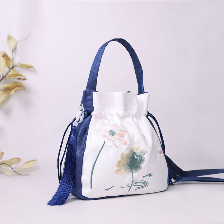 Buddha Stones Embroidered Lotus Koi Fish Crane Camellia Cotton Linen Tote Crossbody Bag Shoulder Bag Handbag - image 1